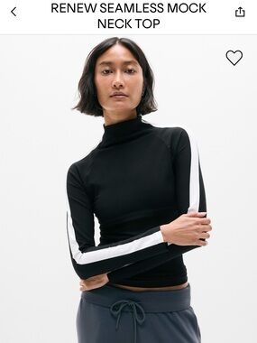 Athleta Black Mock Neck Top with White Sleeve Stripes
